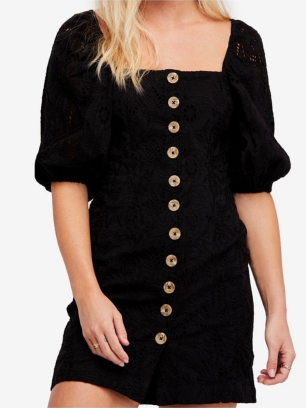 NWT! Free People Daniella Eyelet Cotton Boho Lined Mini Dress Size 8 Black New!